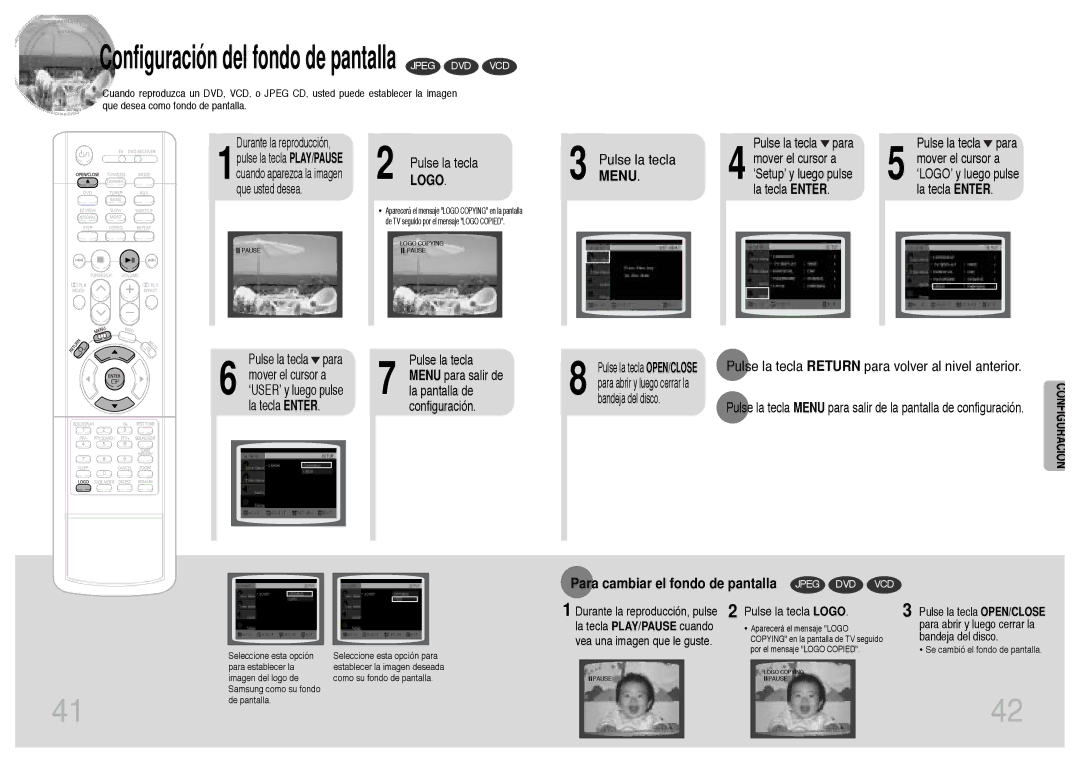 Samsung HTDB300RH/EDC Pulse la tecla Return para volver al nivel anterior, Para cambiar el fondo de pantalla Jpeg DVD VCD 