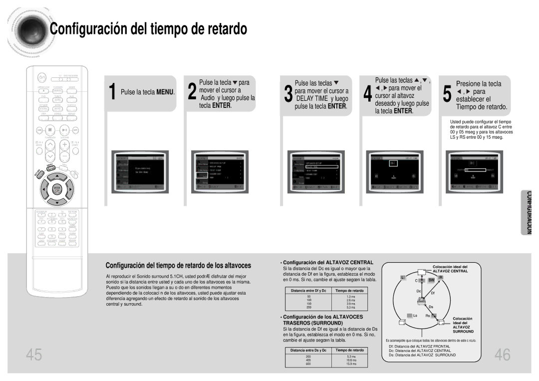 Samsung HTDB300RH/EDC manual Presione la tecla Para establecer el Tiempo de retardo, ‘Audio’ y luego pulse la, Tecla Enter 