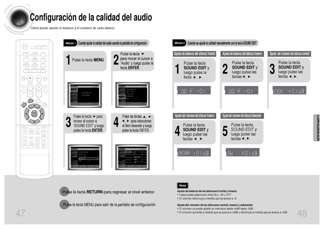 Samsung HT-DB300 manual Sound Edit y luego pulse la tecla, Sound Edit y luego pulse las teclas, 1Pulse la tecla Menu 