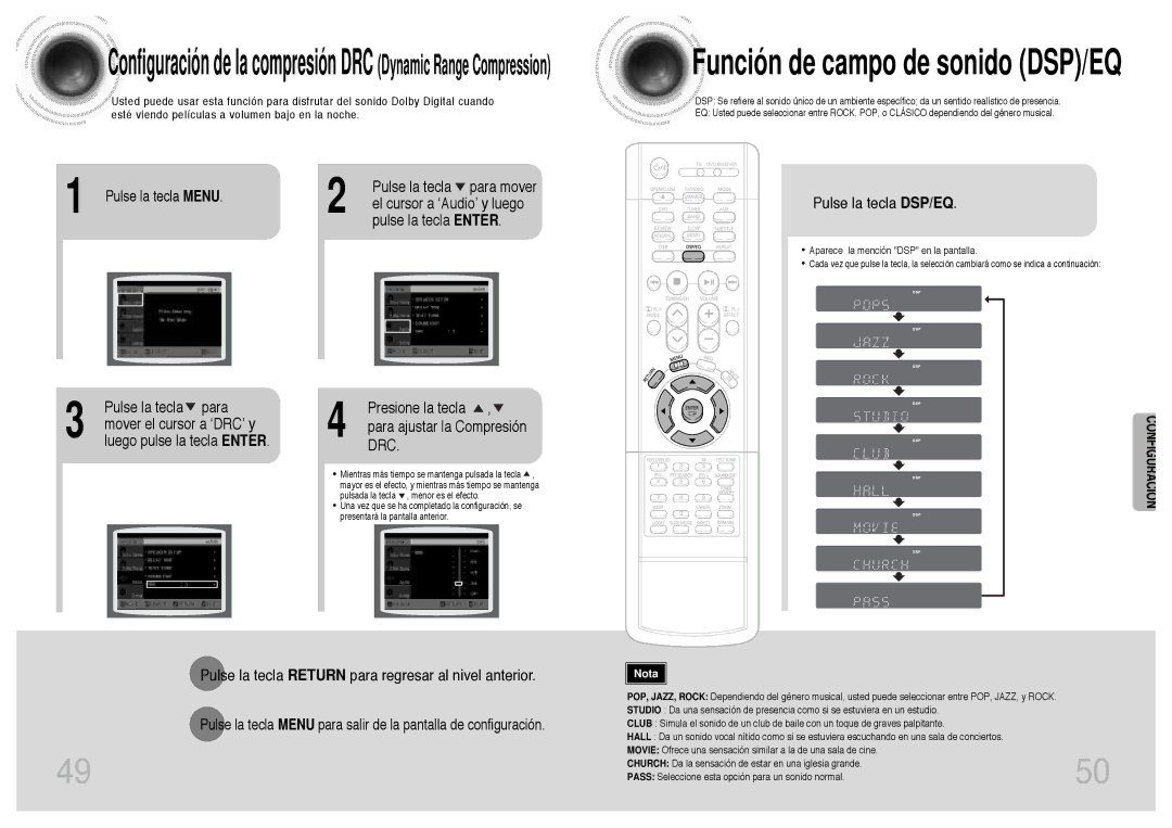 Samsung HTDB300RH/EDC Pulse la tecla para mover, El cursor a ‘Audio’ y luego, Pulse la tecla Enter, Pulse la tecla DSP/EQ 