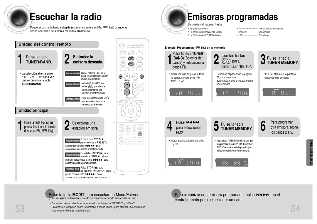 Samsung HTDB300RH/EDC, HT-DB300 manual Escuchar la radio, Emisoras programadas, Unidad del control remoto, Unidad principal 