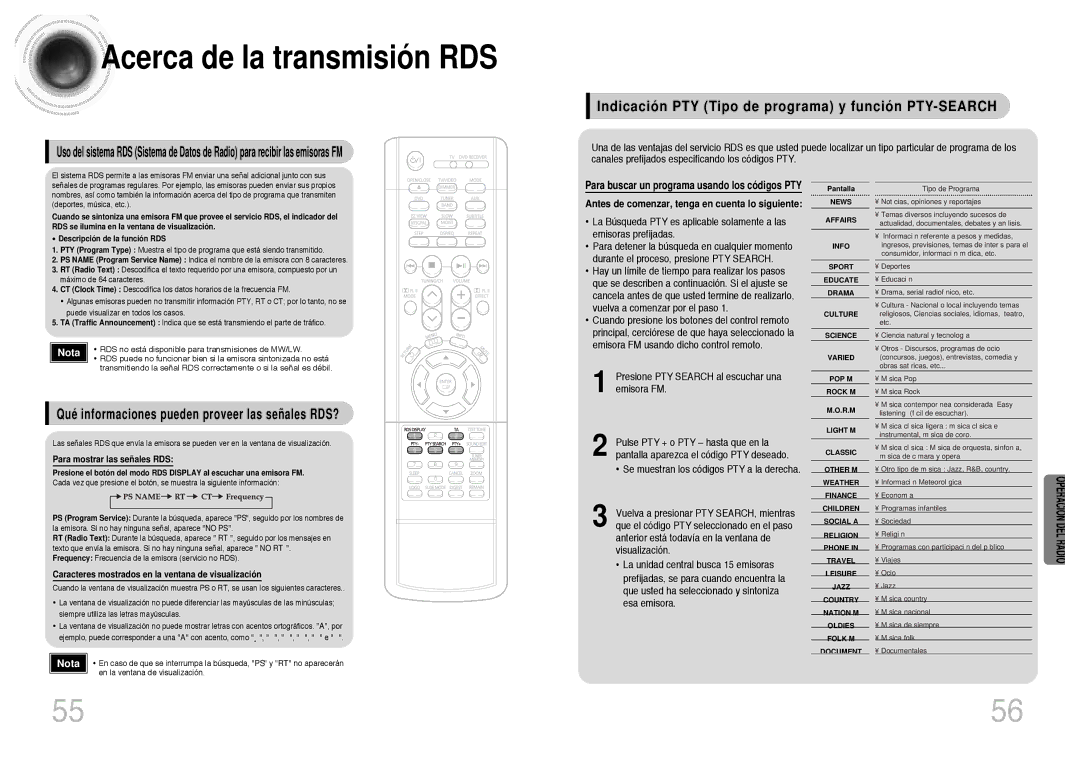 Samsung HT-DB300, HTDB300RH/EDC manual Acerca de la transmisión RDS, Indicación PTY Tipo de programa y función PTY-SEARCH 