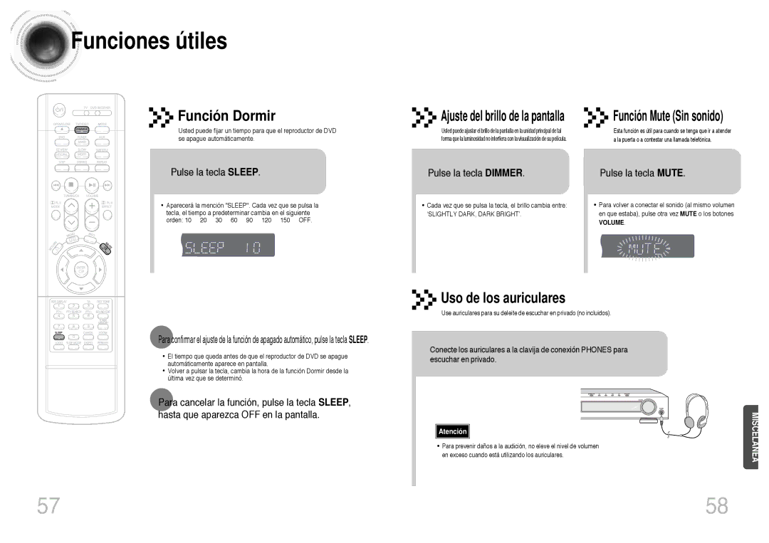 Samsung HTDB300RH/EDC, HT-DB300 manual Funciones útiles, Ajuste del brillo de la pantalla, Función Mute Sin sonido 