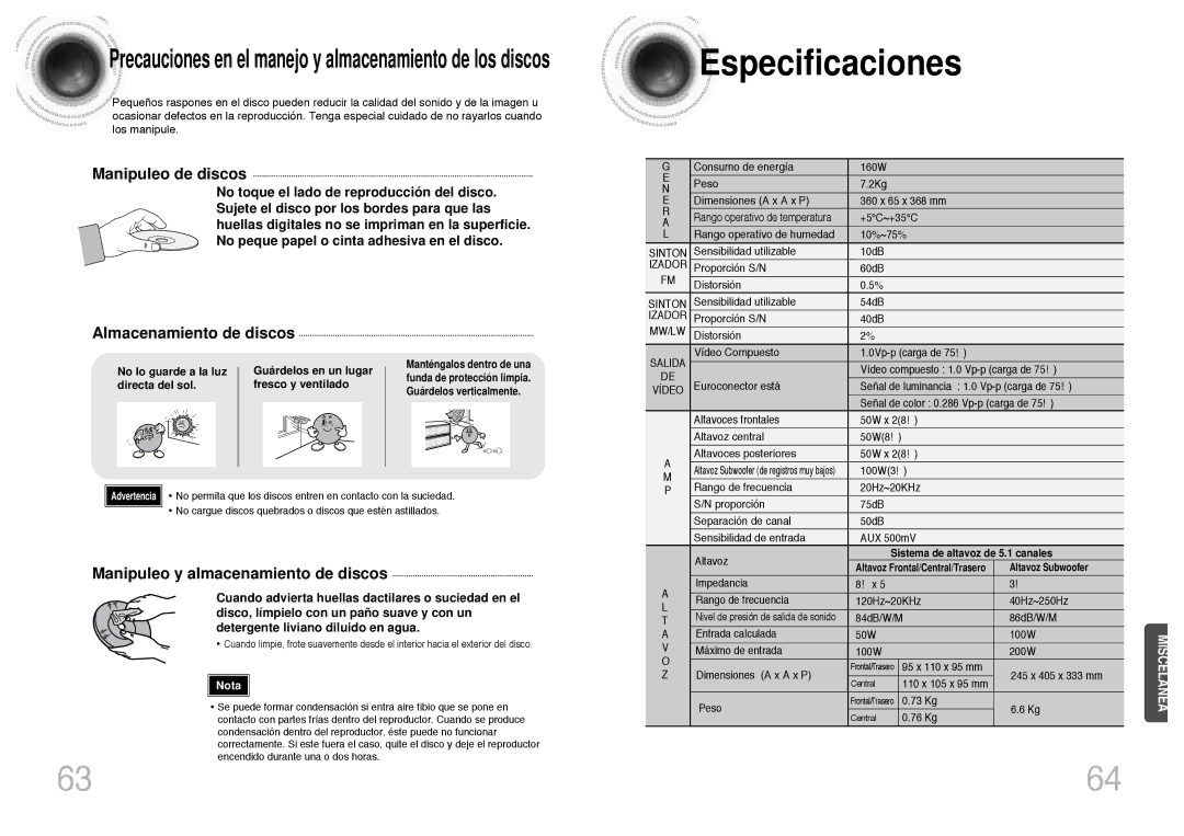 Samsung HT-DB300 manual Especificaciones, No lo guarde a la luz Guárdelos en un lugar, Directa del sol Fresco y ventilado 