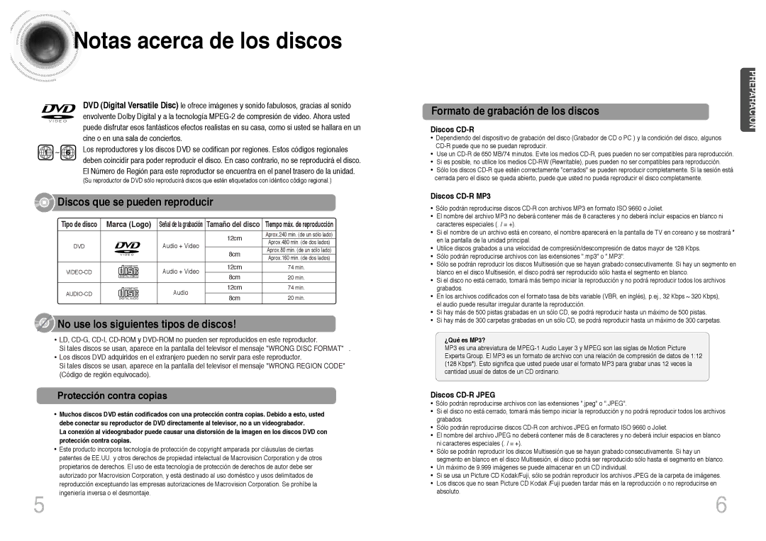 Samsung HTDB300RH/EDC manual Notas acerca de los discos, Protección contra copias, Discos CD-R MP3, Discos CD-R Jpeg 