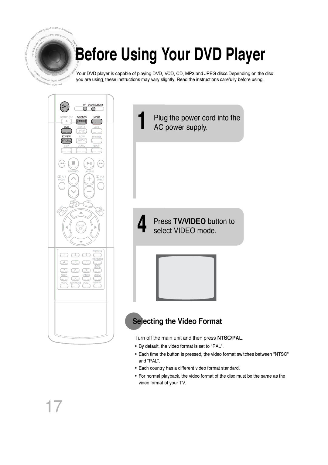 Samsung HTDB300RH/ELS, HTDB300RH/EDC, HT-DB300 Plug the power cord into the AC power supply, Selecting the Video Format 