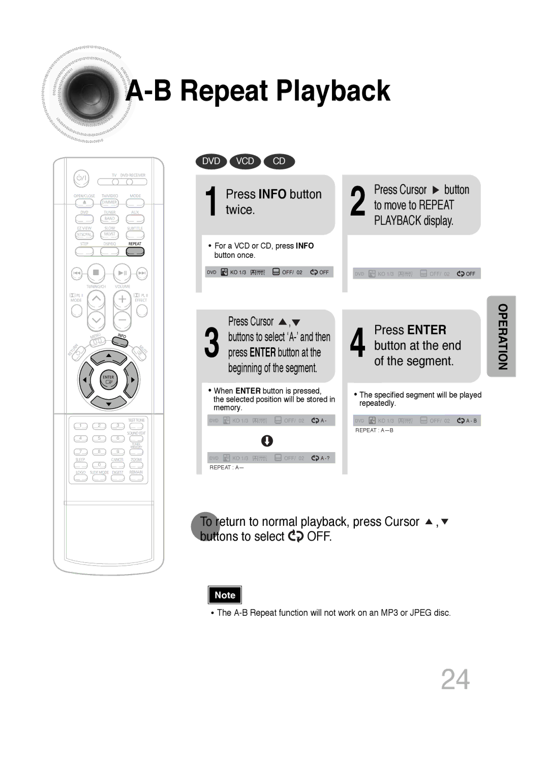 Samsung HTDB300RH/EDC, HTDB300RH/ELS, HT-DB300 manual Press Info button twice, Press Cursor, Press Enter 