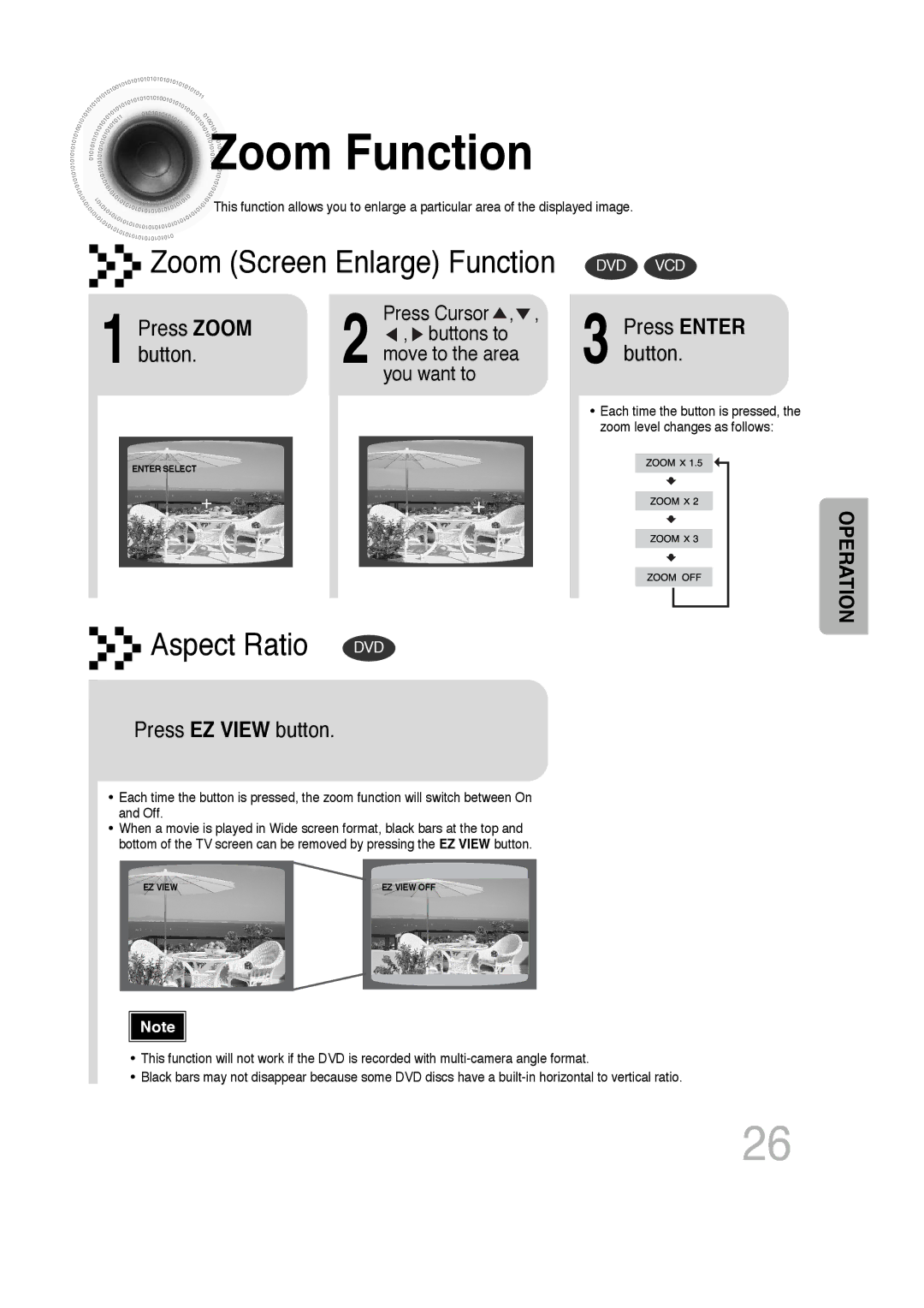 Samsung HT-DB300, HTDB300RH/EDC, HTDB300RH/ELS manual Zoom Function, Press Zoom, Button, Press EZ View button 