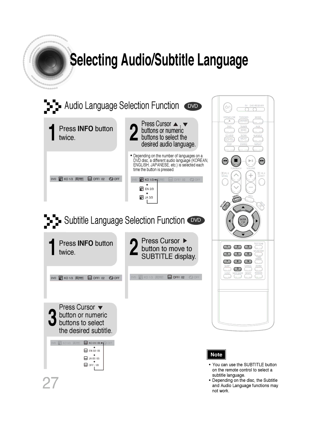 Samsung HTDB300RH/EDC, HTDB300RH/ELS, HT-DB300 manual Selecting Audio/Subtitle Language, 1Press Info button twice 