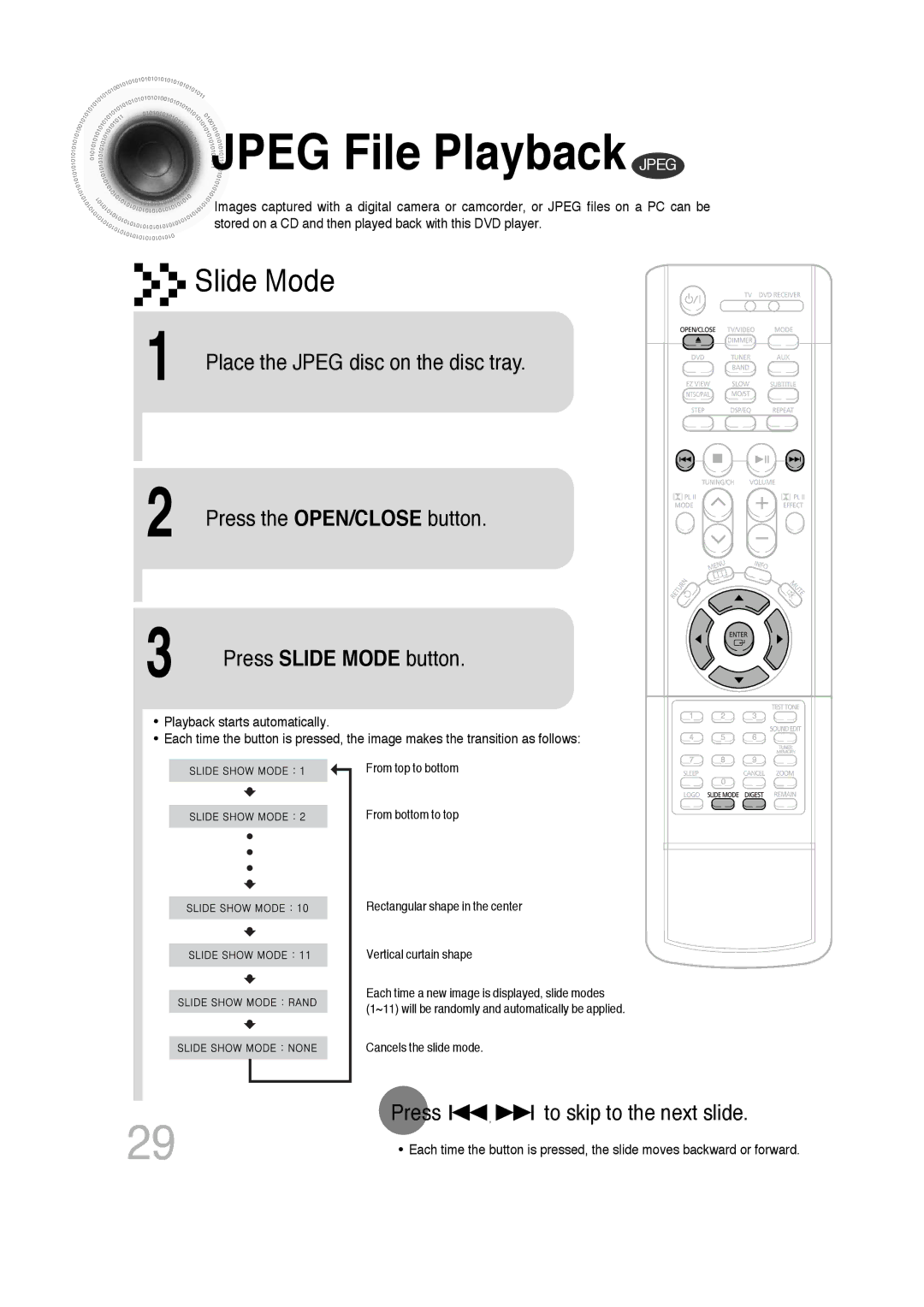 Samsung HTDB300RH/ELS, HTDB300RH/EDC Jpeg File Playback Jpeg, Press Slide Mode button, Press To skip to the next slide 