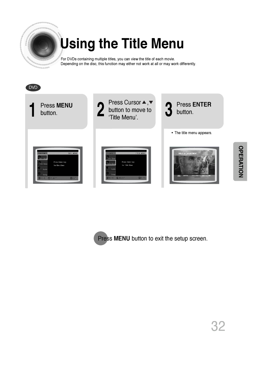 Samsung HTDB300RH/EDC, HTDB300RH/ELS, HT-DB300 Using the Title Menu, Press Menu, Button to move to, Button ‘Title Menu’ 