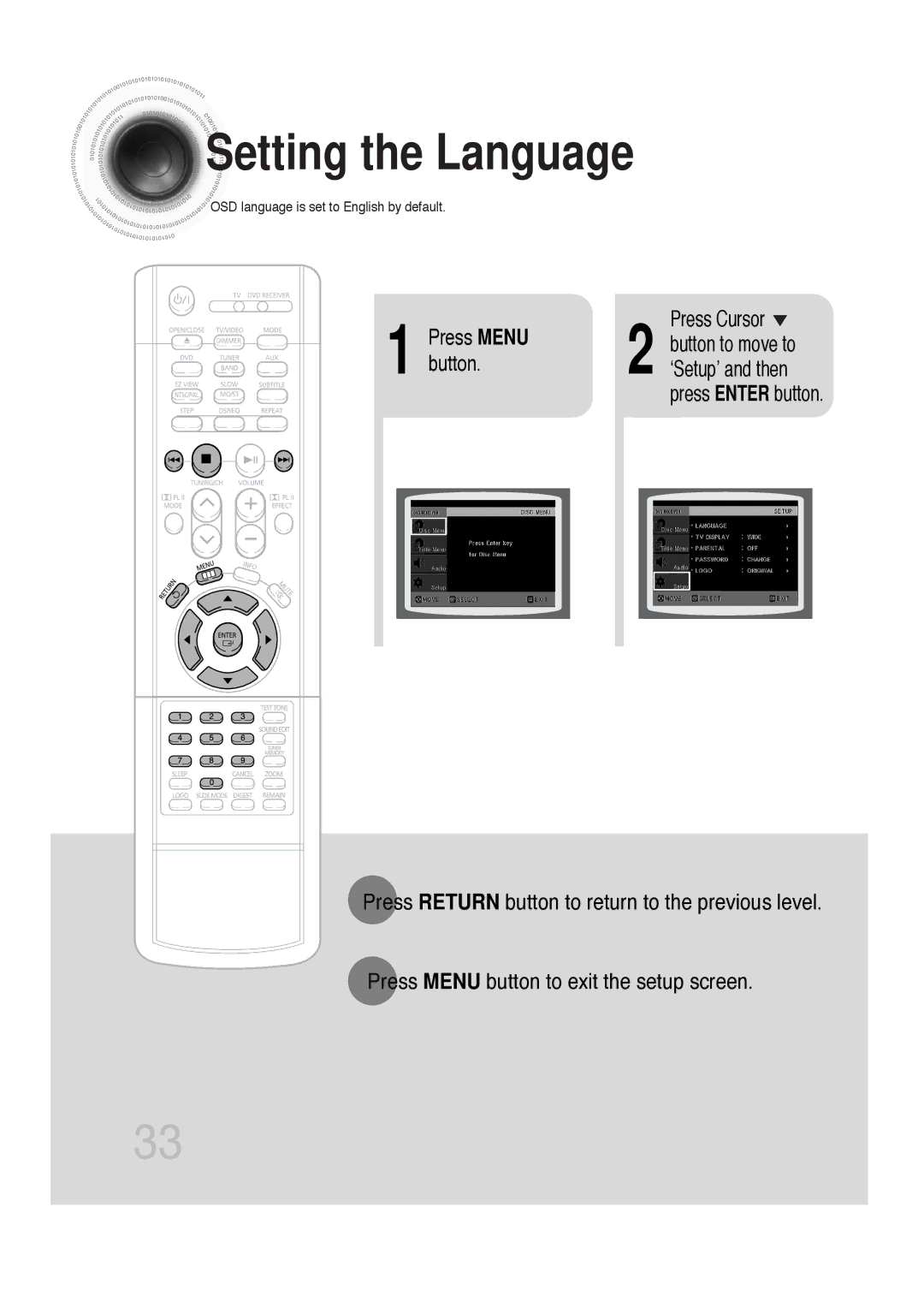 Samsung HTDB300RH/ELS, HTDB300RH/EDC, HT-DB300 manual Setting the Language, Press Enter button 