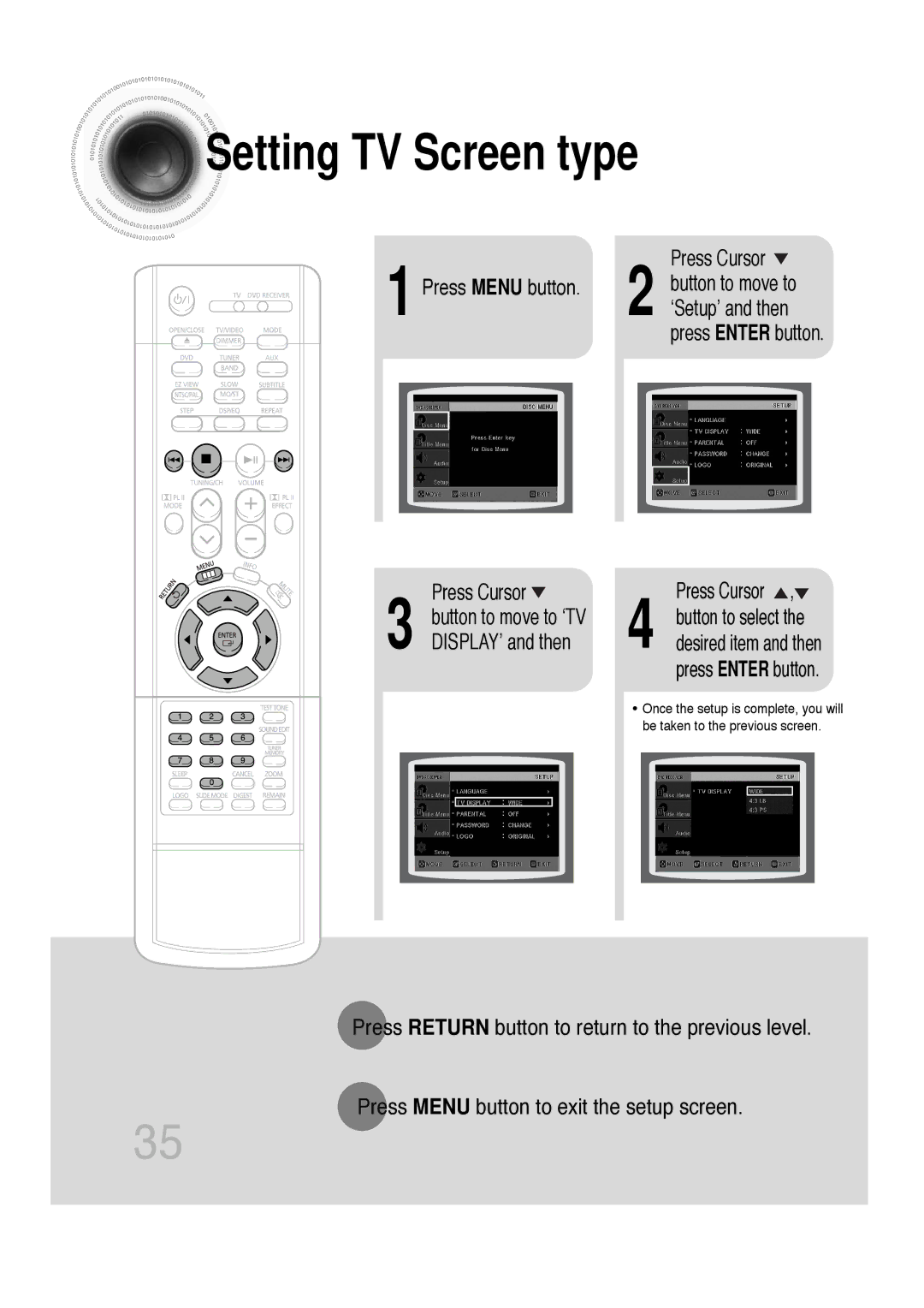 Samsung HTDB300RH/EDC, HTDB300RH/ELS, HT-DB300 manual Setting TV Screen type, DISPLAY’ and then 