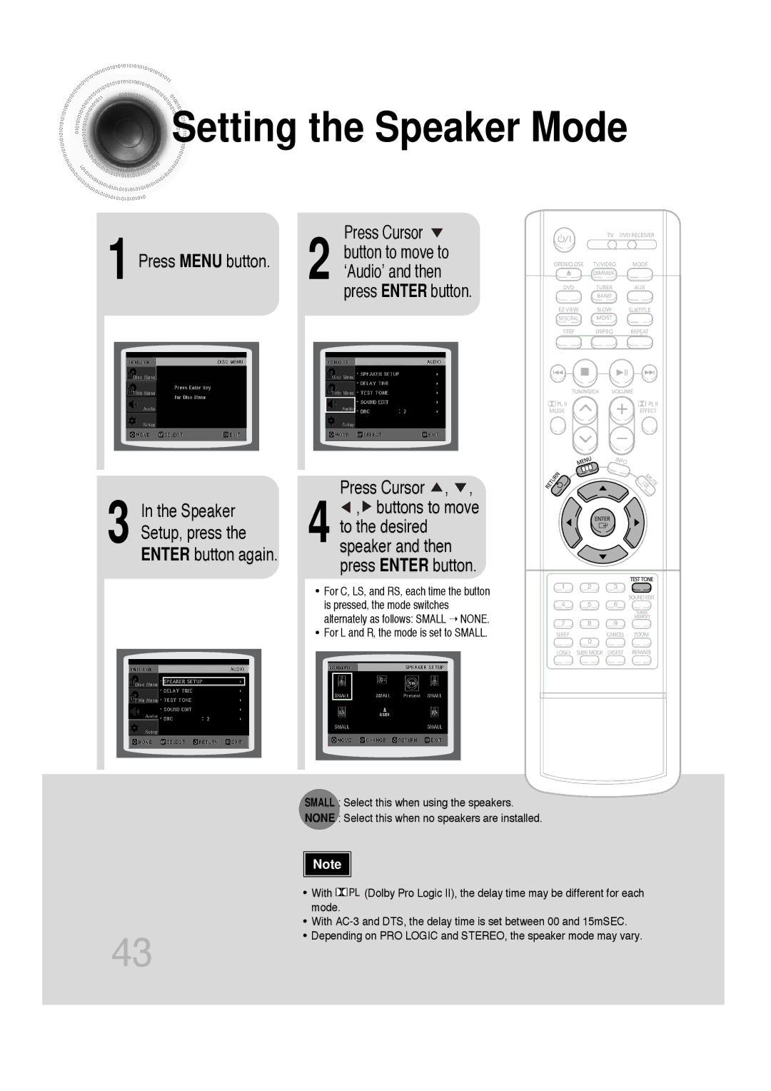 Samsung HTDB300RH/EDC, HTDB300RH/ELS, HT-DB300 Setting the Speaker Mode, Press Menu button, Press Enter button Press Cursor 