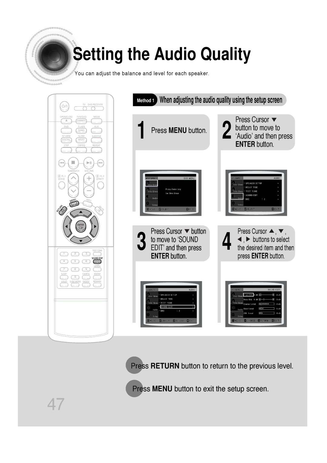 Samsung HTDB300RH/EDC, HTDB300RH/ELS, HT-DB300 manual Setting the Audio Quality, Enter button Press Cursor button 