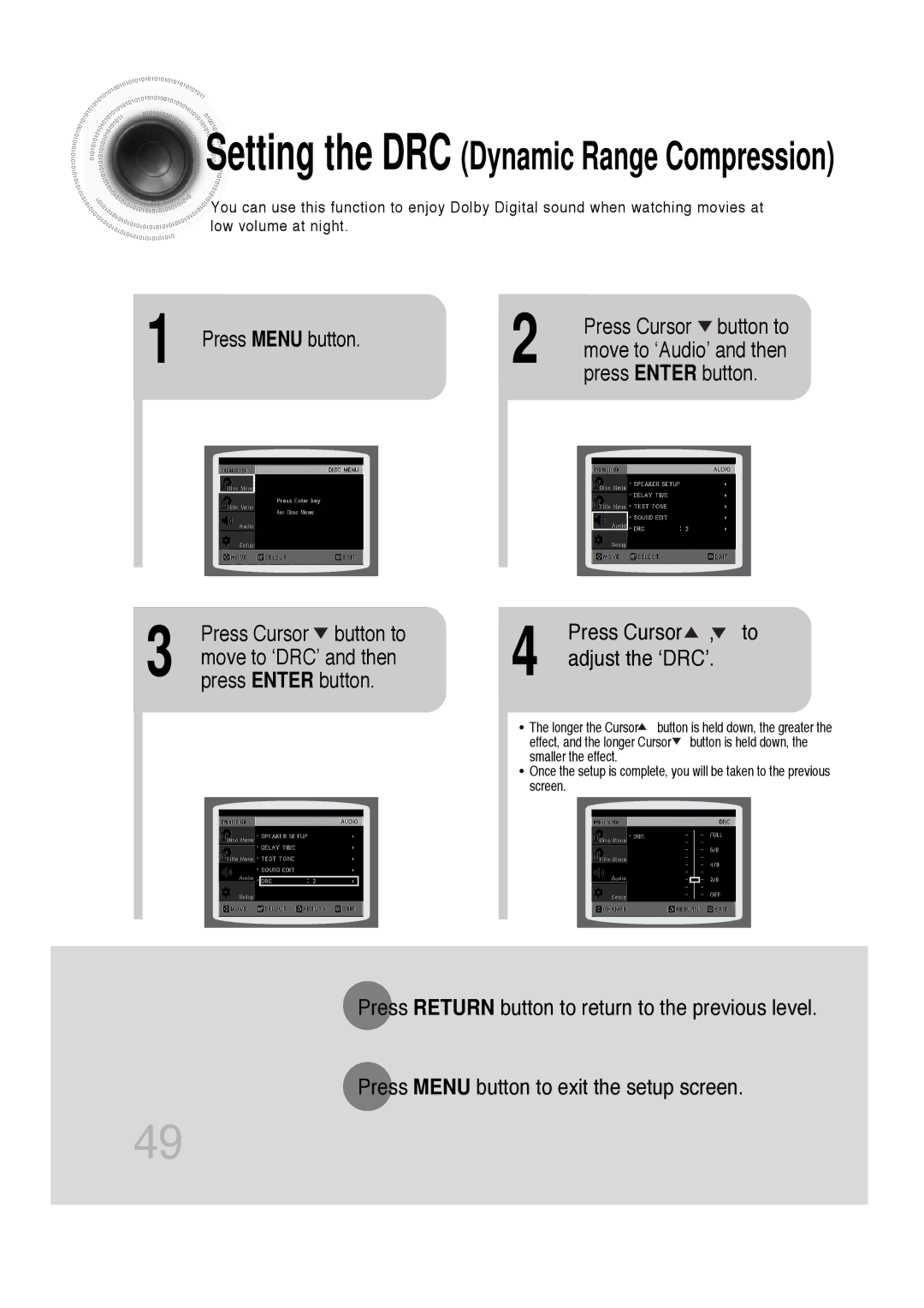 Samsung HTDB300RH/ELS, HTDB300RH/EDC manual Setting the DRC Dynamic Range Compression, Press Cursor , to adjust the ‘DRC’ 