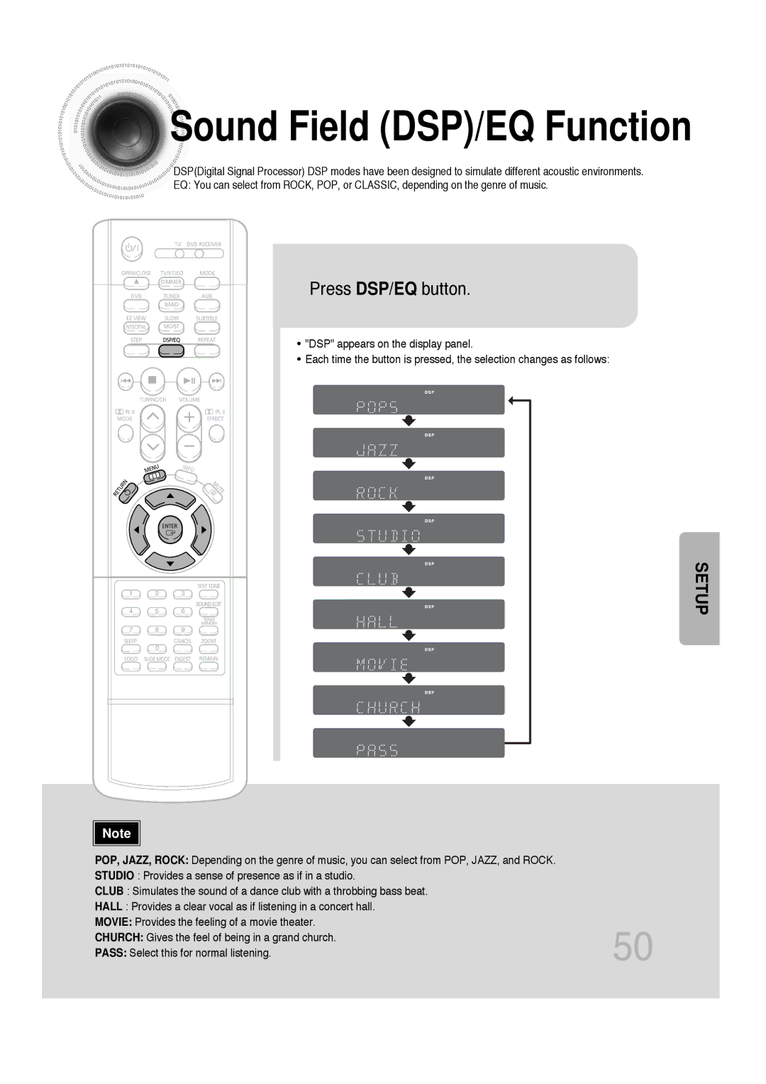 Samsung HT-DB300, HTDB300RH/EDC, HTDB300RH/ELS manual Sound Field DSP/EQ Function, Press DSP/EQ button 