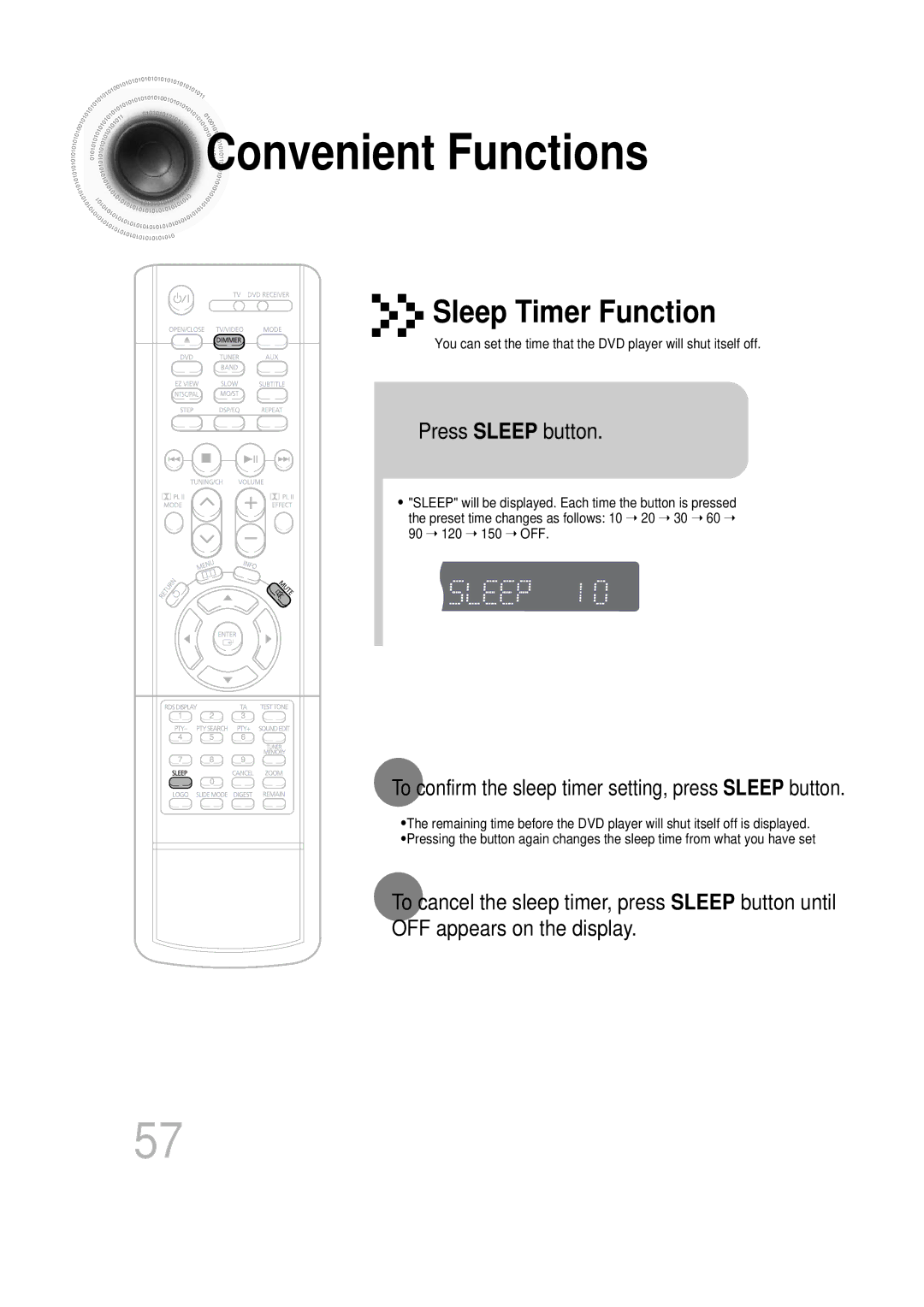 Samsung HTDB300RH/ELS Convenient Functions, Press Sleep button, To confirm the sleep timer setting, press Sleep button 