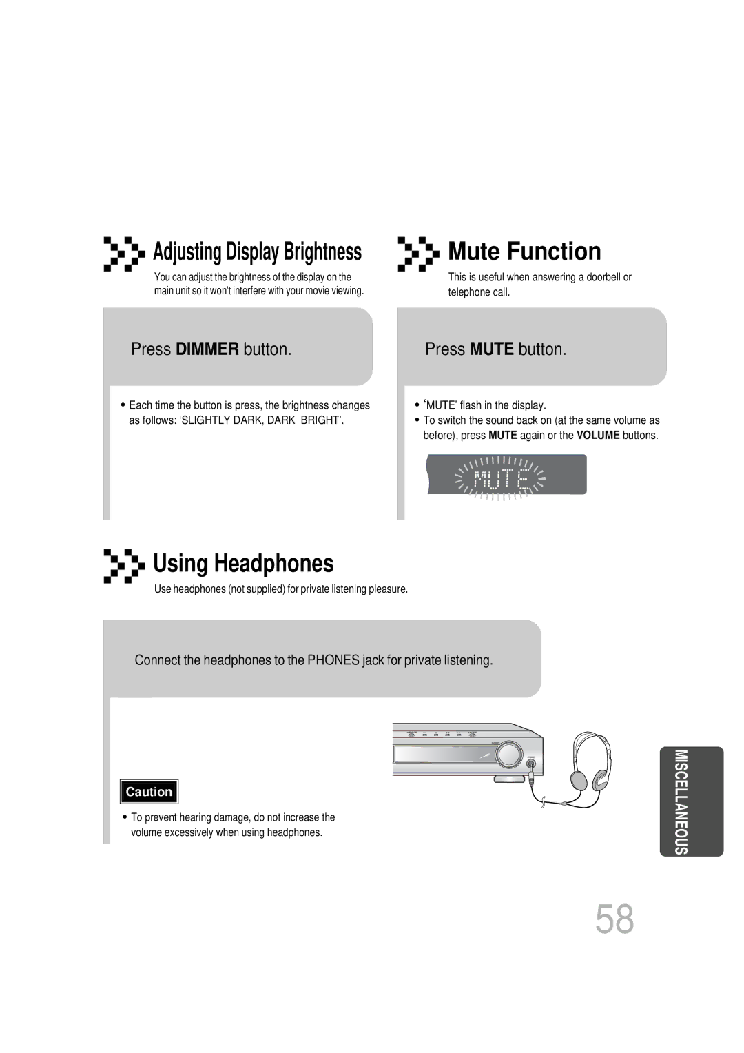 Samsung HT-DB300, HTDB300RH/EDC, HTDB300RH/ELS manual Press Dimmer button, Press Mute button 