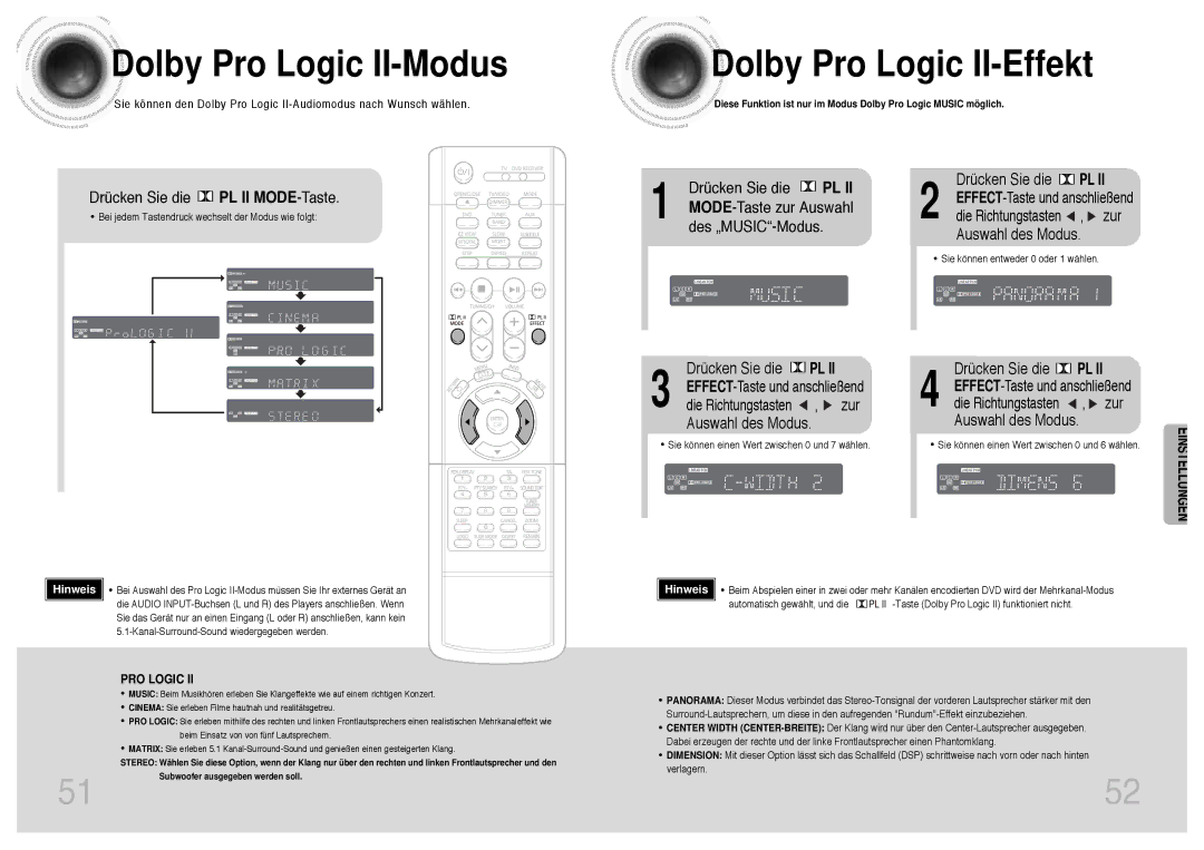 Samsung HTDB300RH/ELS manual Dolby Pro Logic II-Modus, Dolby Pro Logic II-Effekt, Drücken Sie die PL II MODE-Taste, Zur 