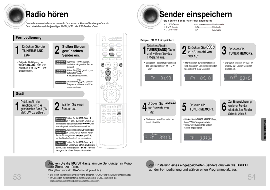 Samsung HTDB300RH/EDC, HTDB300RH/ELS manual Radio hören, Sender einspeichern, Fernbedienung, Gerät 