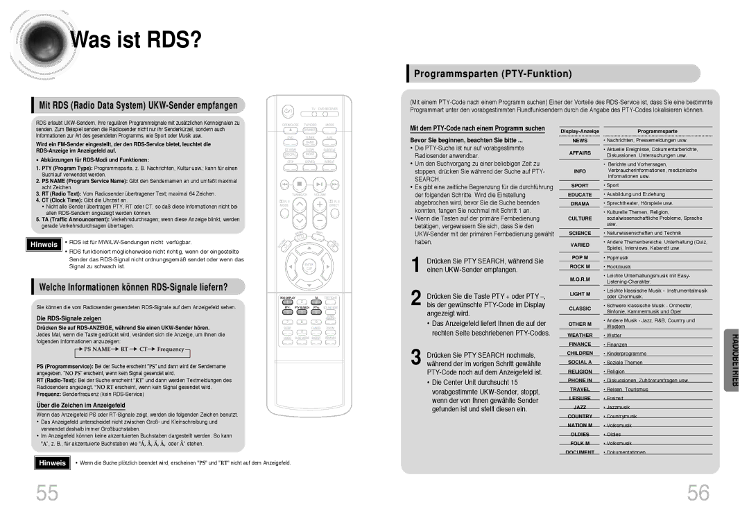 Samsung HTDB300RH/ELS manual Was ist RDS?, Programmsparten PTY-Funktion, Mit RDS Radio Data System UKW-Sender empfangen 