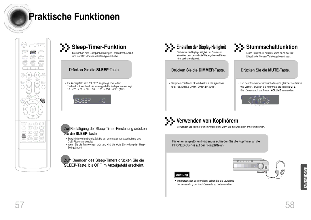 Samsung HTDB300RH/EDC Praktische Funktionen, Sleep-Timer-Funktion, Drücken Sie die SLEEP-Taste, Drücken Sie die MUTE-Taste 