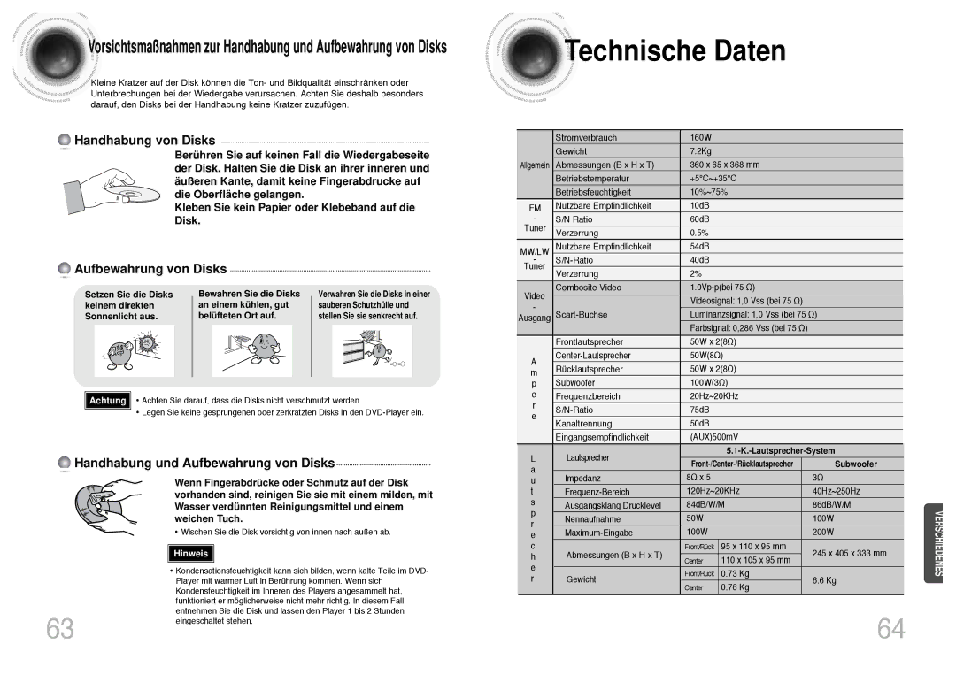 Samsung HTDB300RH/ELS manual Technische Daten, Kleben Sie kein Papier oder Klebeband auf die Disk, Bewahren Sie die Disks 