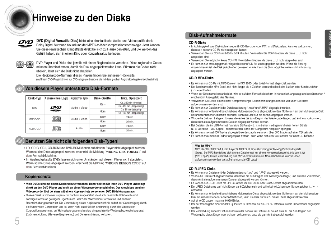 Samsung HTDB300RH/EDC, HTDB300RH/ELS manual Hinweise zu den Disks, Kopierschutz, CD-R-Disks, CD-R MP3-Disks, CD-R JPEG-Disks 