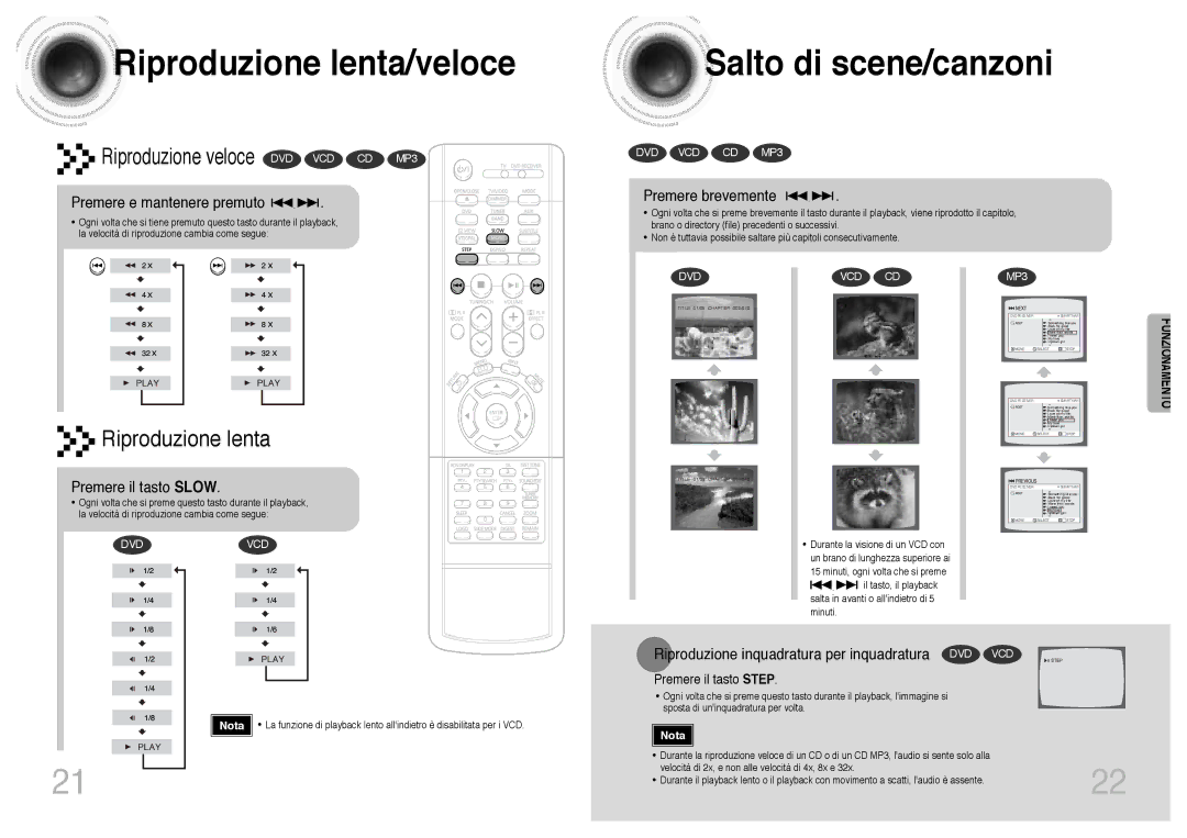 Samsung HTDB300RH/EDC, HTDB300RH/ELS manual Riproduzione lenta/veloce, Salto di scene/canzoni 