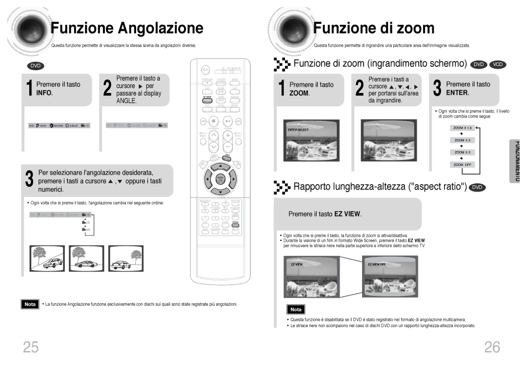 Samsung HTDB300RH/EDC manual Funzione Angolazione, Funzione di zoom, 1Premere il tasto Info, Premere il tasto EZ View 