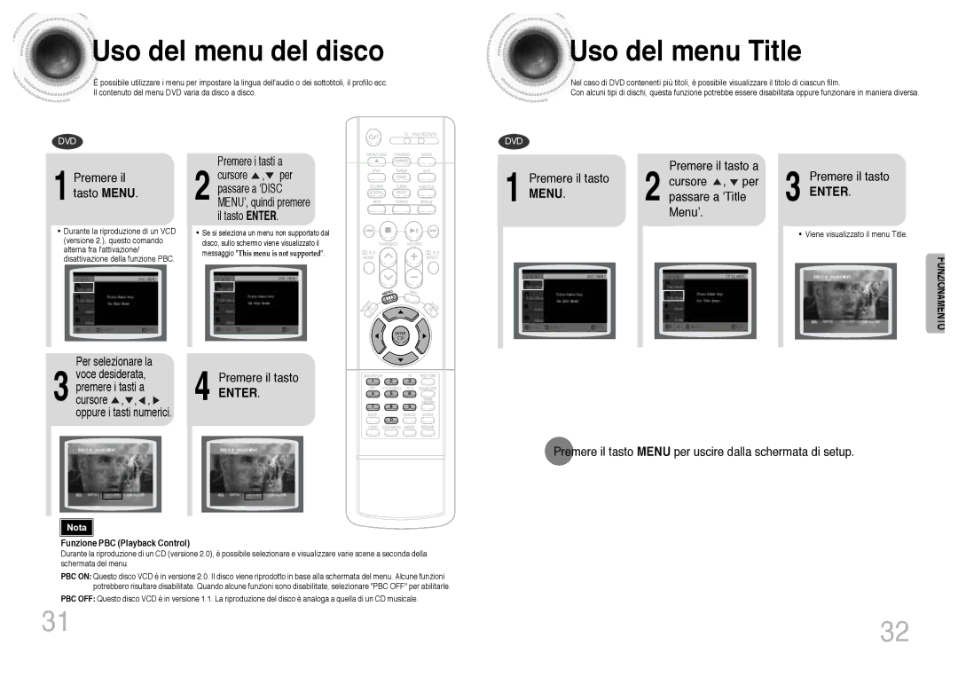 Samsung HTDB300RH/ELS Uso del menu del disco, Uso del menu Title, Premere il tasto Menu, Funzione PBC Playback Control 