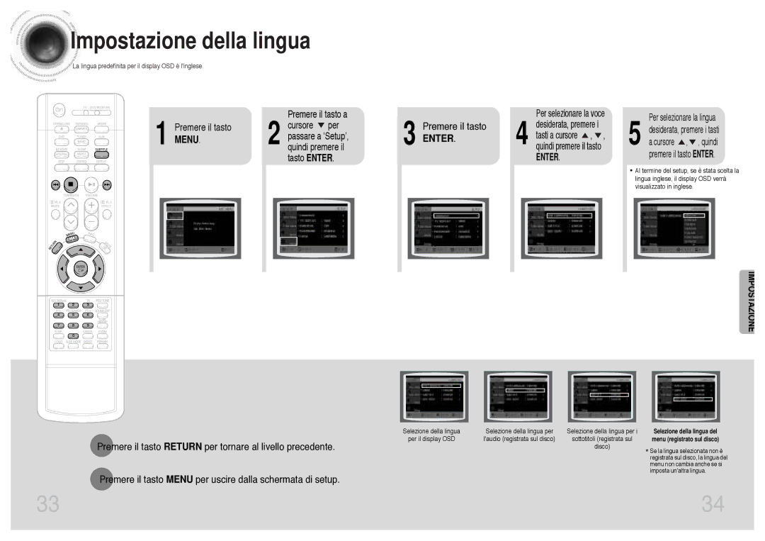 Samsung HTDB300RH/EDC, HTDB300RH/ELS manual Premere il tasto Menu, Per selezionare la voce, Per selezionare la lingua 