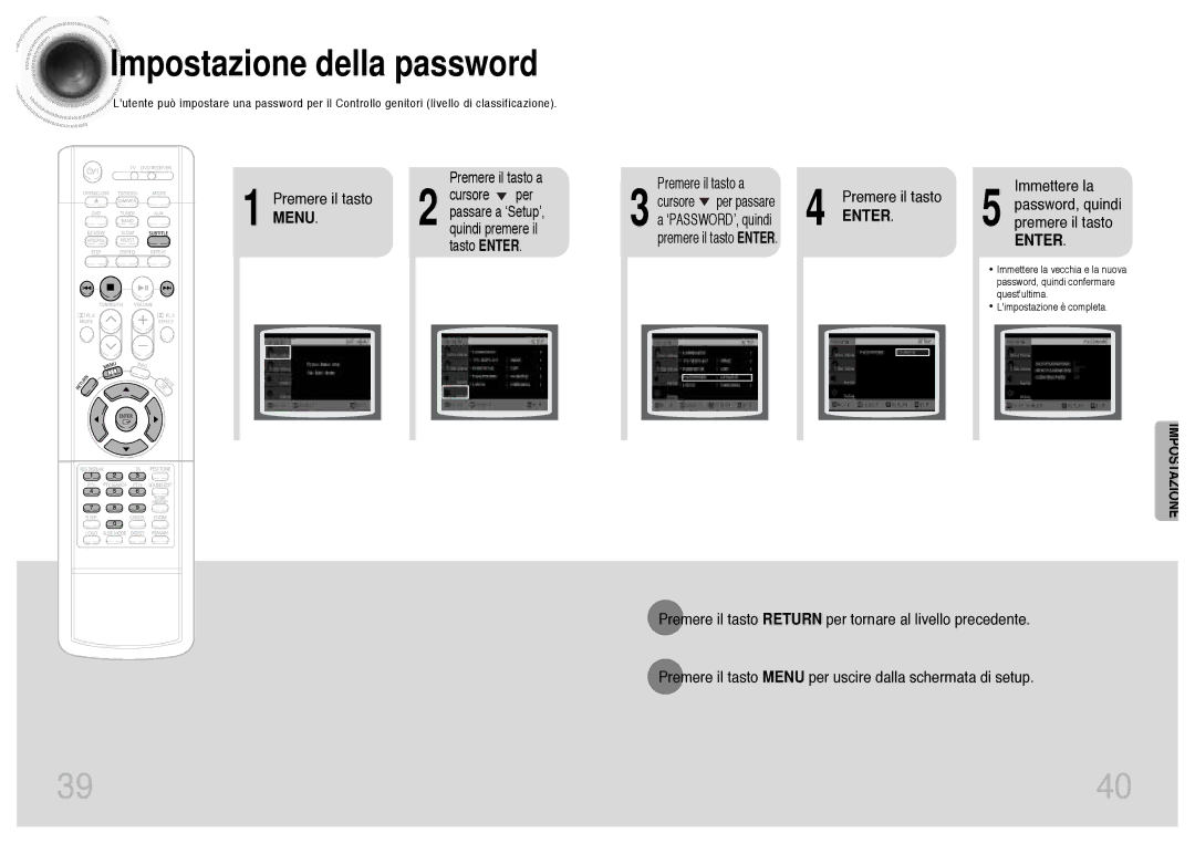 Samsung HTDB300RH/ELS, HTDB300RH/EDC manual Impostazione della password, Immettere la Password, quindi premere il tasto 