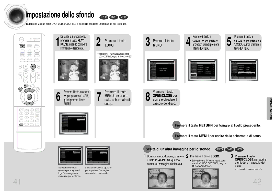 Samsung HTDB300RH/EDC, HTDB300RH/ELS manual Menu per uscire, Setup, Scelta di unaltra immagine per lo sfondo, OPEN/CLOSE per 