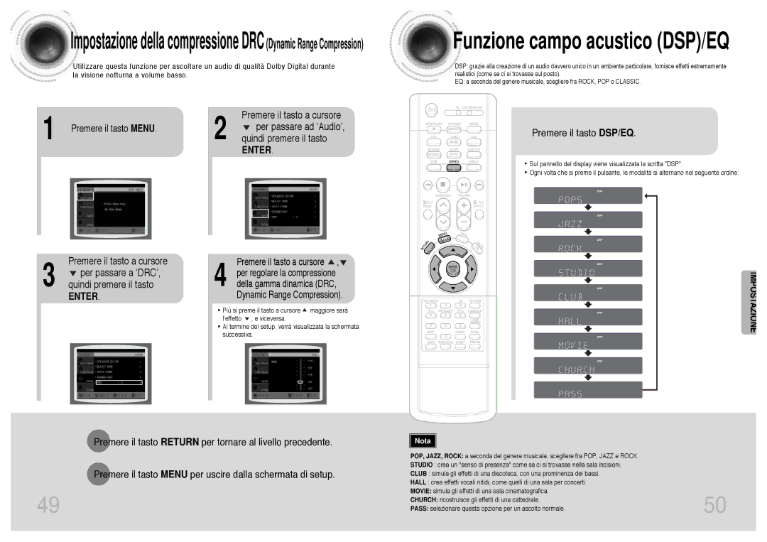 Samsung HTDB300RH/EDC, HTDB300RH/ELS Funzione campo acustico DSP/EQ, Premere il tasto a cursore, Quindi premere il tasto 