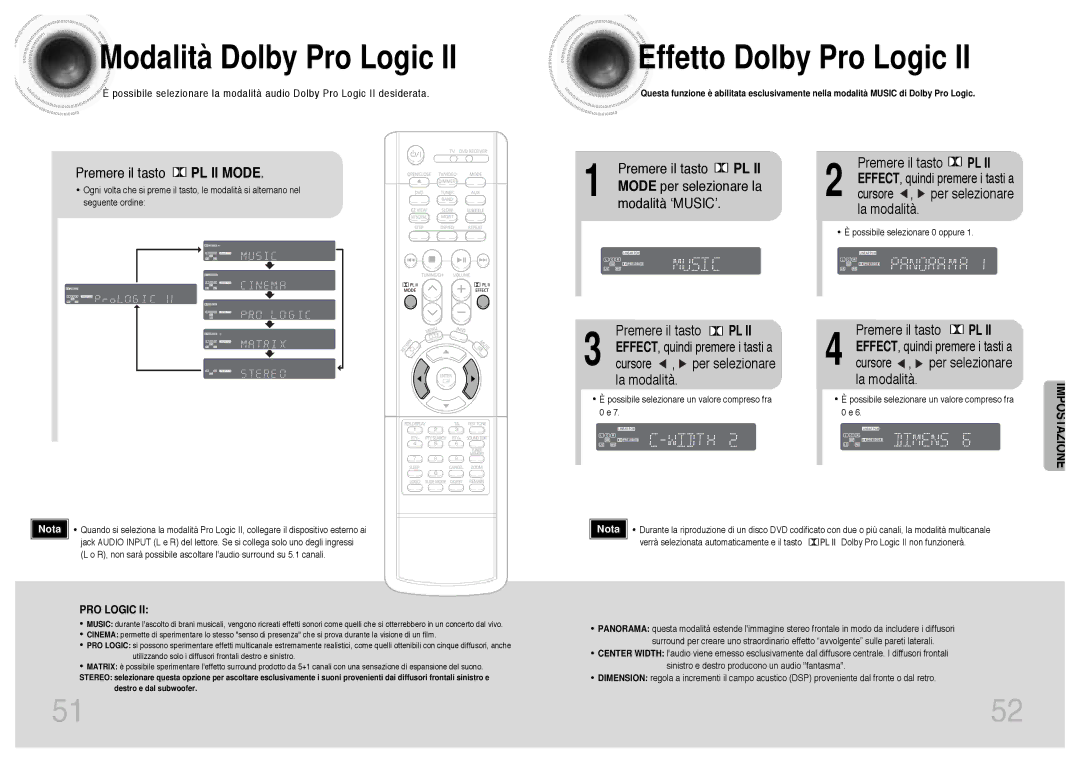 Samsung HTDB300RH/ELS manual Modalità Dolby Pro Logic, Effetto Dolby Pro Logic, Premere il tasto, Cursore , per selezionare 