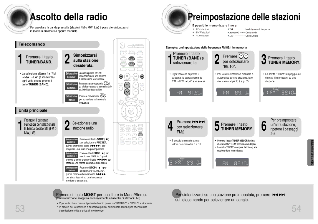 Samsung HTDB300RH/EDC manual Ascolto della radio, Telecomando, Sintonizzarsi sulla stazione desiderata, Unità principale 