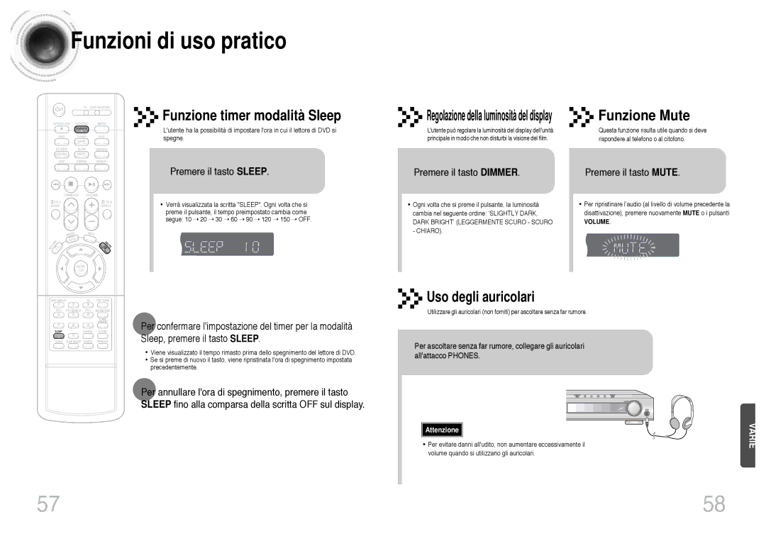 Samsung HTDB300RH/EDC manual Funzioni di uso pratico, Funzione Mute, Premere il tasto Sleep, Premere il tasto Dimmer 