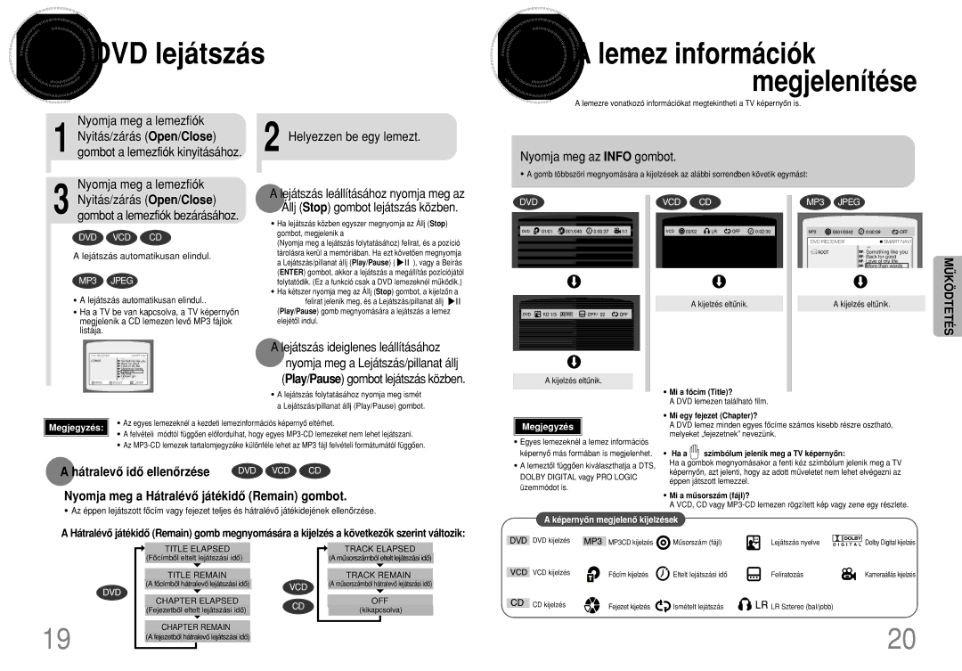 Samsung HTDB300RH/ELS manual DVD lejátszás, Lemez információk megjelenítése, Nyomja meg a Hátralévô játékidô Remain gombot 