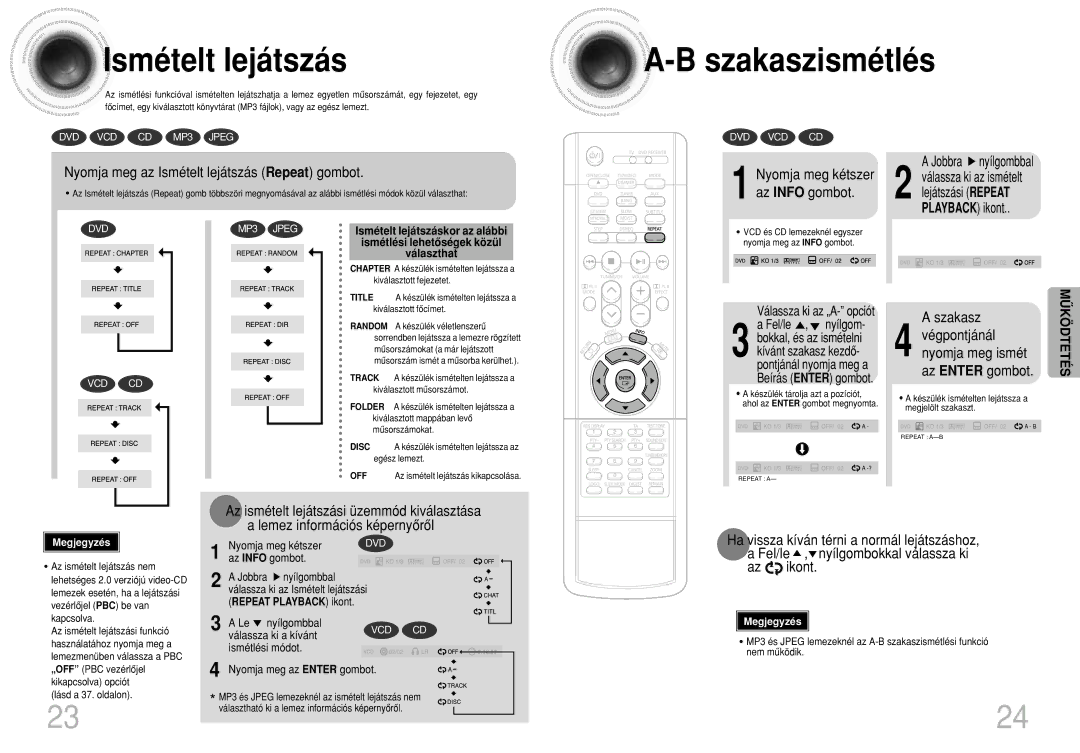 Samsung HTDB300RH/ELS, HTDB300RH/EDC manual Szakaszismétlés, Nyomja meg az Ismételt lejátszás Repeat gombot 