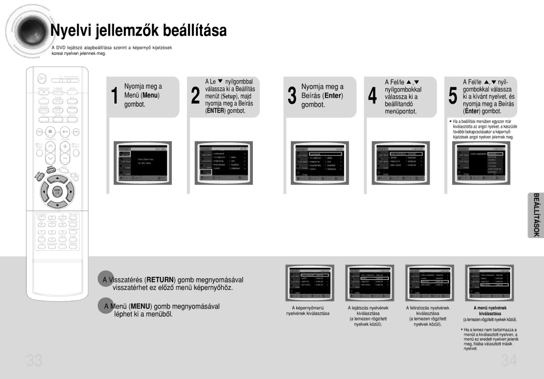 Samsung HTDB300RH/EDC, HTDB300RH/ELS manual Nyelvi jellemzôk beállítása, Menü Menu gomb megnyomásával léphet ki a menübôl 