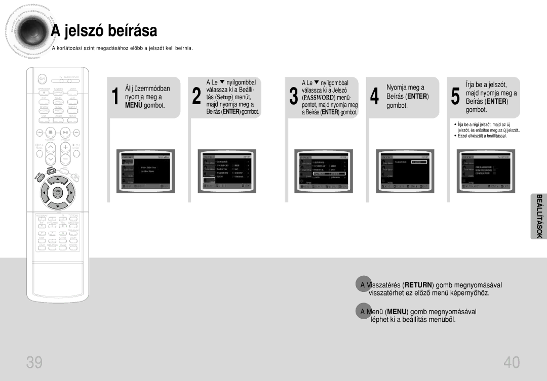 Samsung HTDB300RH/ELS, HTDB300RH/EDC manual Jelszó beírása, Állj üzemmódban, Menu gombot, Beírás Enter 