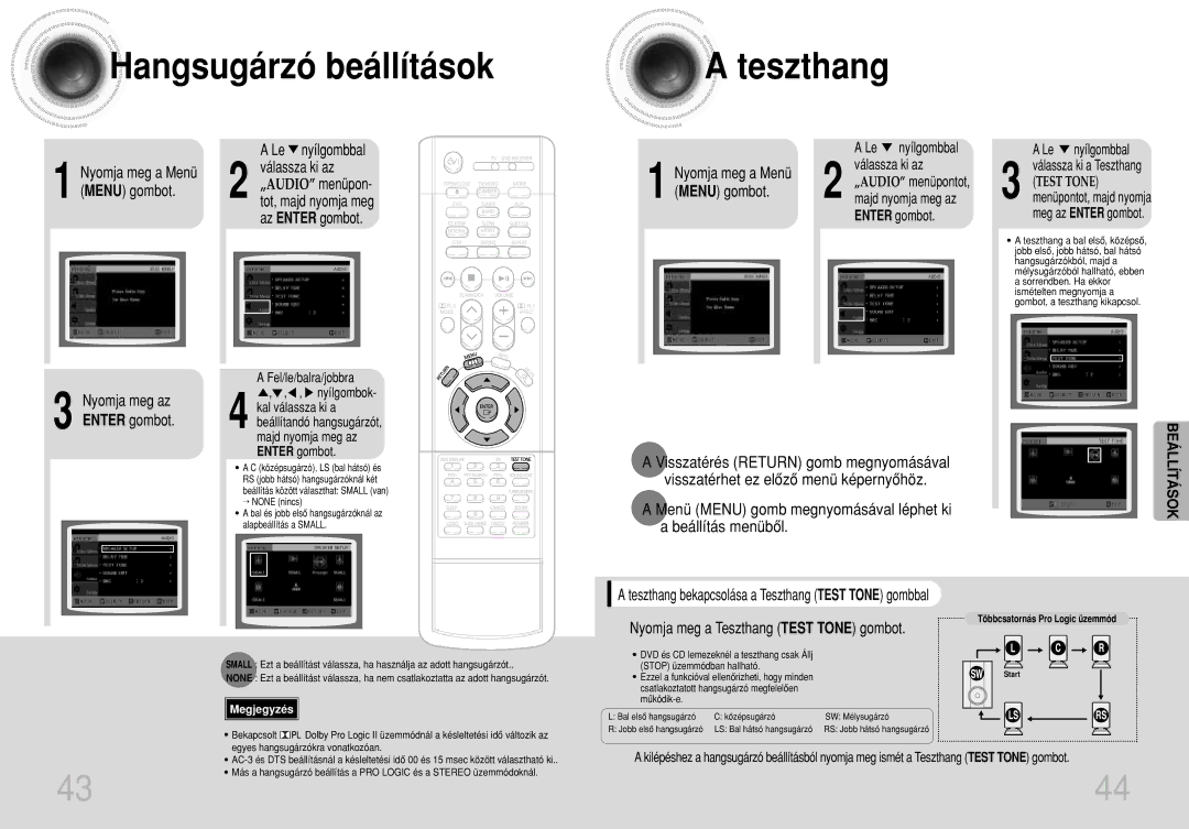 Samsung HTDB300RH/ELS manual Hangsugárzó beállítások Teszthang, Nyomja meg a Menü Menu gombot, Nyomja meg az Enter gombot 