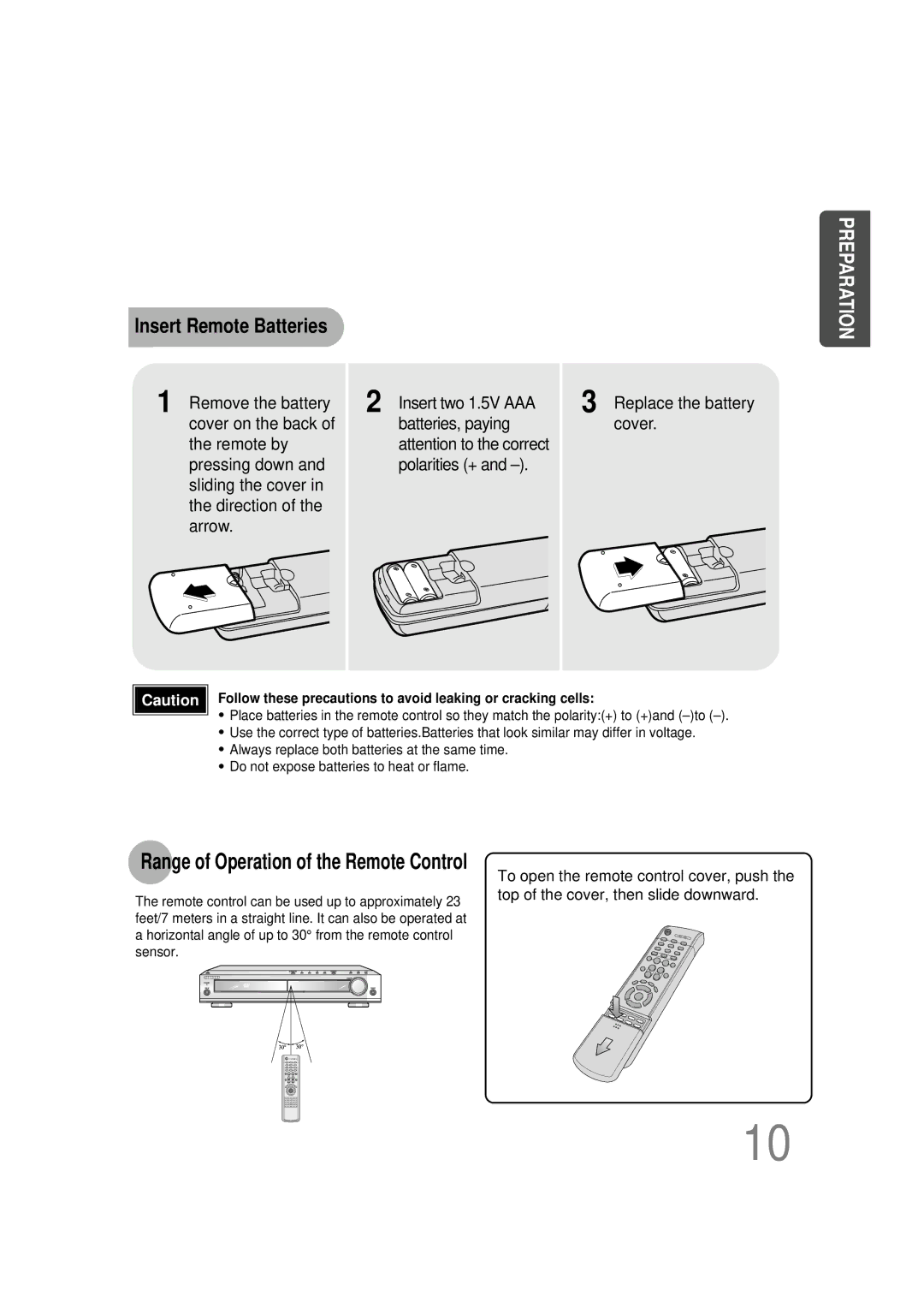 Samsung HTDB390RH/ELS manual Replace the battery cover, Range of Operation of the Remote Control 