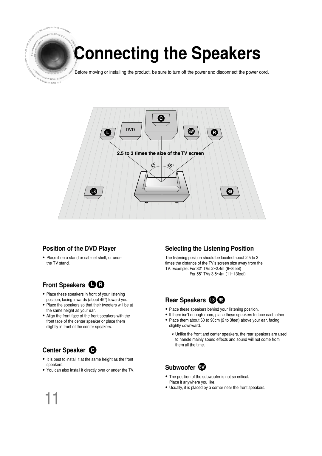 Samsung HTDB390RH/ELS manual Connecting the Speakers, Selecting the Listening Position 