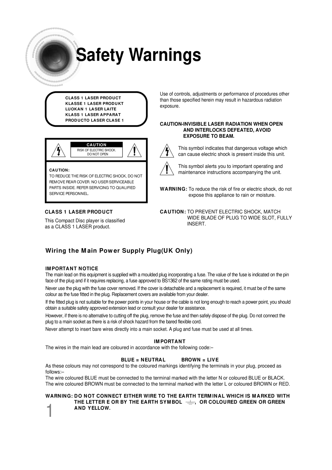 Samsung HTDB390RH/ELS manual Safety Warnings, Class 1 Laser Product 