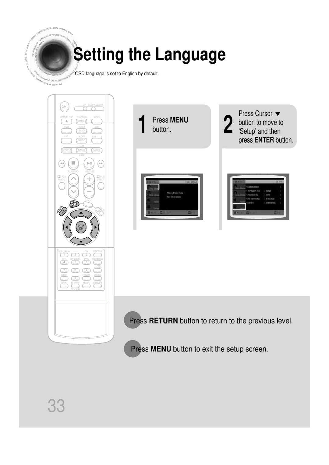 Samsung HTDB390RH/ELS manual Setting the Language, Press Enter button, ‘Setup’ and then, Button to move to 