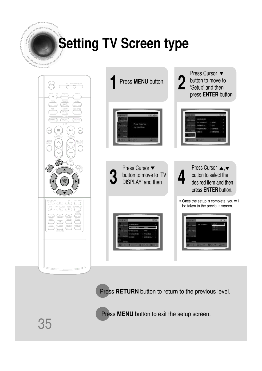 Samsung HTDB390RH/ELS manual Setting TV Screen type, DISPLAY’ and then, Press Cursor 2 button to move to ‘Setup’ and then 