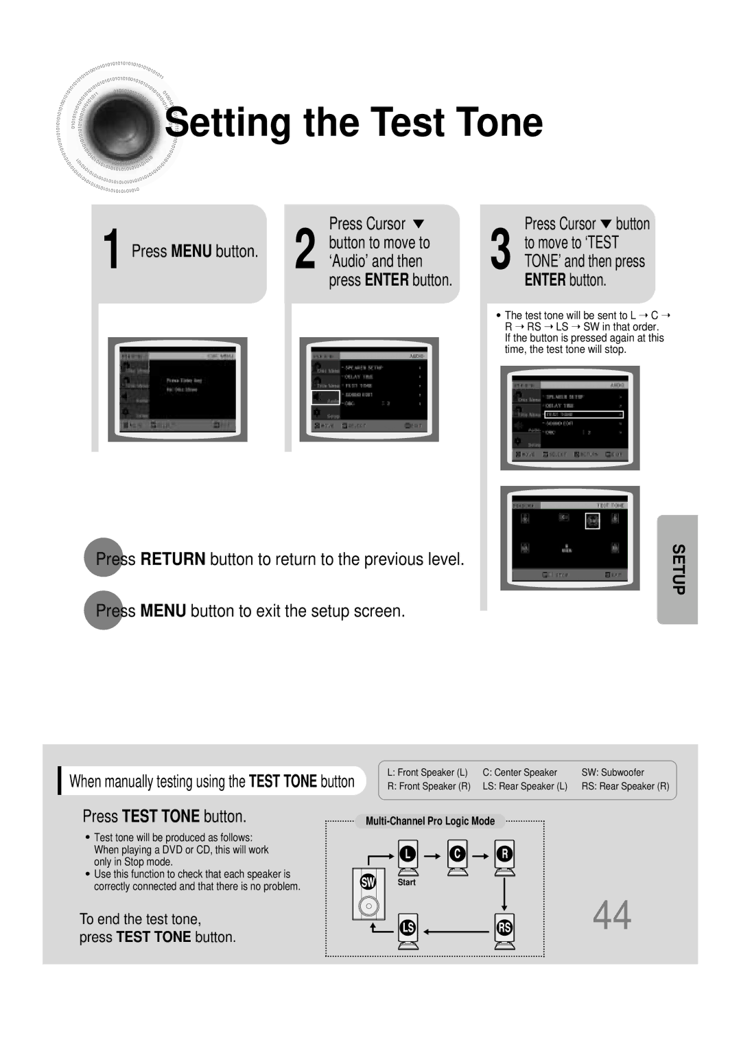 Samsung HTDB390RH/ELS manual Setting the Test Tone, ‘Audio’ and then, Press Test Tone button, Press Cursor button 